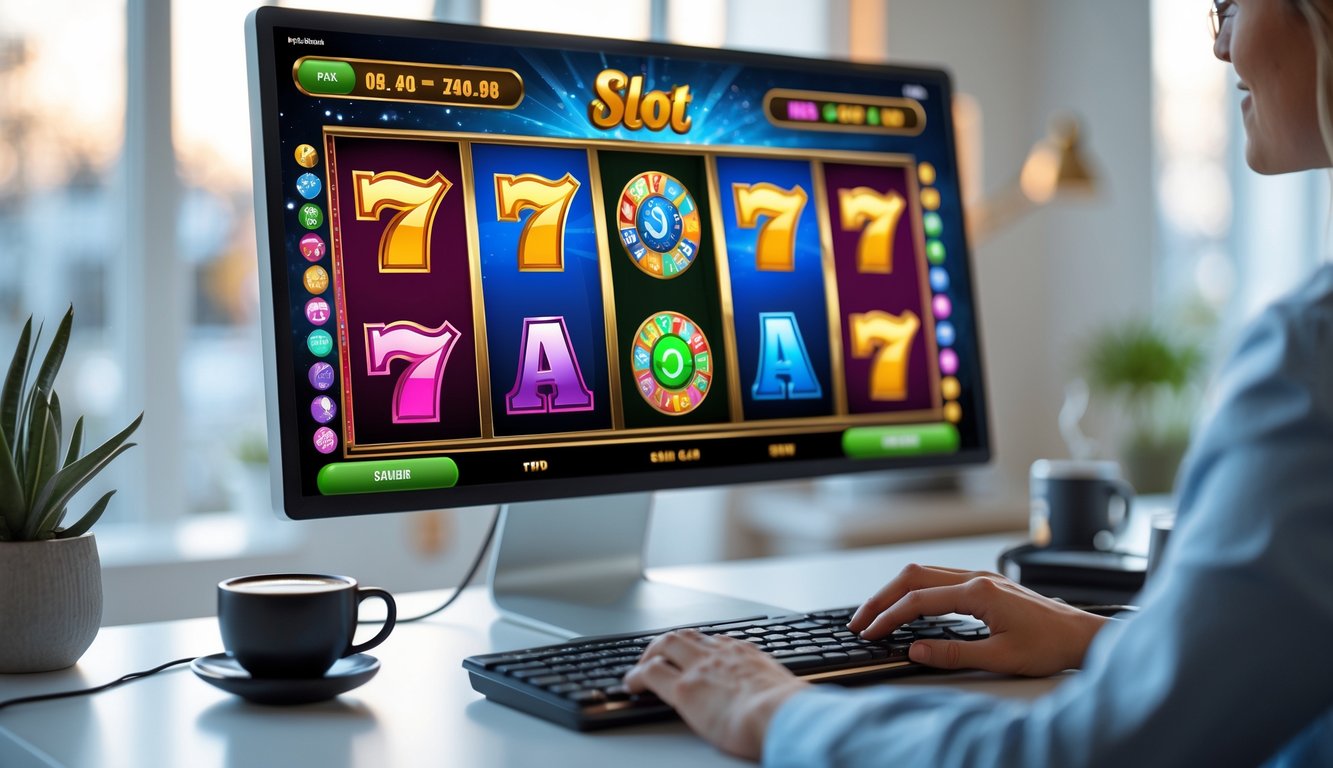Seseorang sedang bermain permainan slot online di komputer dengan latar ruang kerja yang rapi dan nyaman.