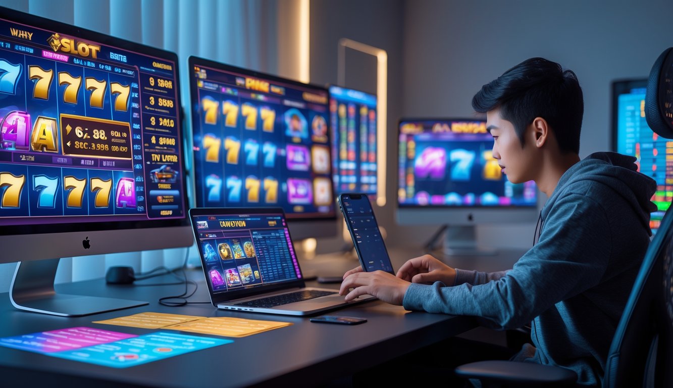 Seseorang sedang bermain mesin slot online di ruang kerja dengan beberapa layar dan catatan strategi di meja.