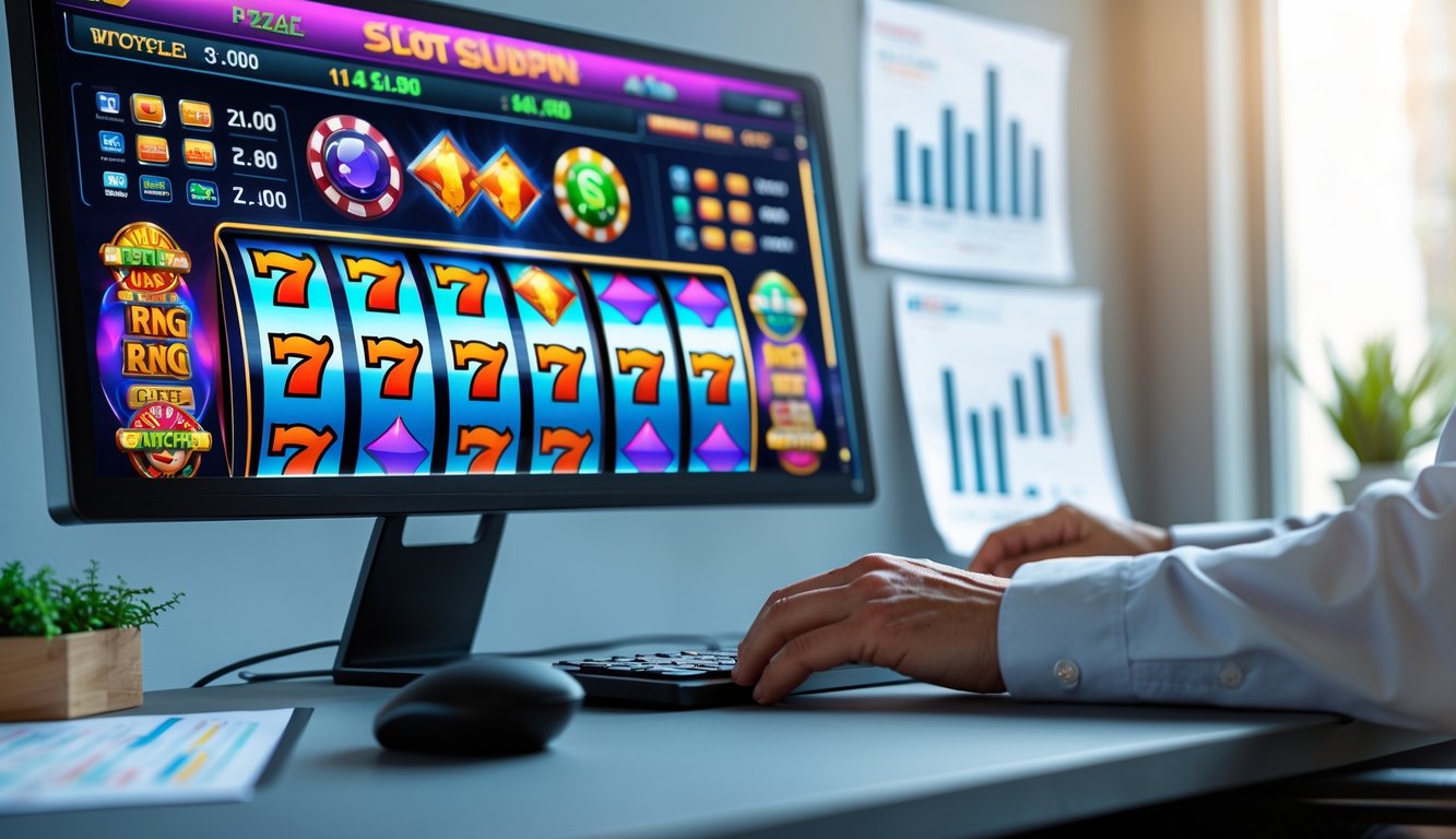 Seorang pemain duduk di depan komputer dengan layar menampilkan permainan slot online yang berwarna-warni, tampak tangan sedang menggunakan mouse dan keyboard dalam suasana kerja yang rapi dan fokus.