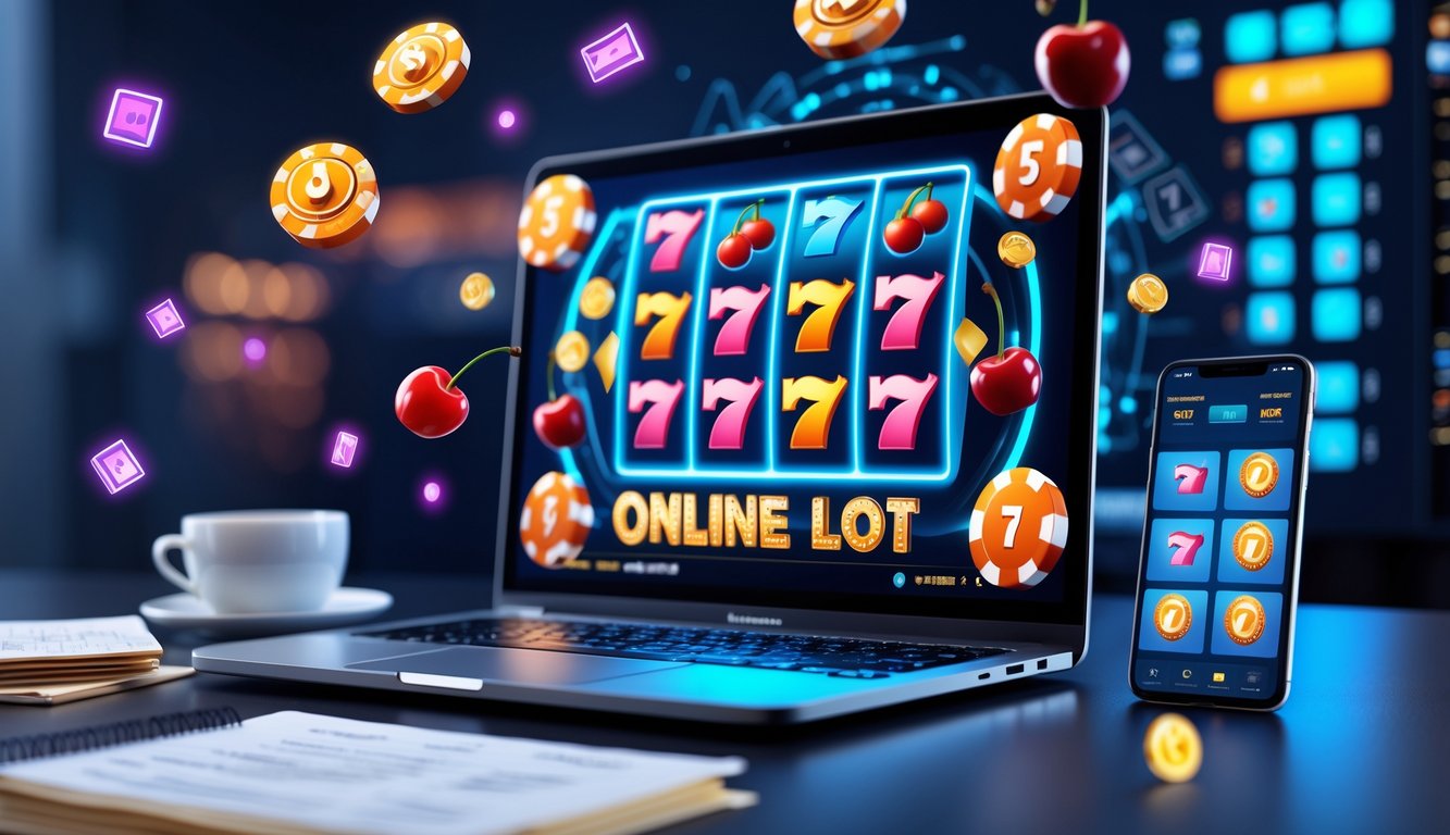 Seorang pengguna sedang belajar bermain slot online di depan laptop dengan tampilan permainan slot 3D dan 5G, dikelilingi oleh catatan dan ponsel di meja kerja.