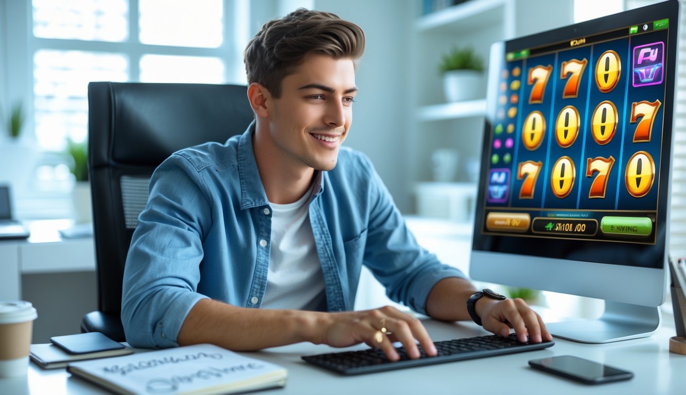 Seorang pria muda duduk di meja komputer di rumah sambil bermain permainan slot online dengan ekspresi fokus dan senang.