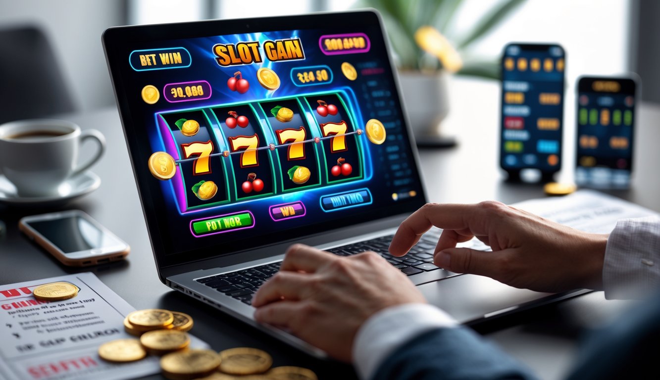 Seseorang menggunakan laptop dengan permainan slot online yang berwarna-warni di layar, di meja terdapat kopi dan ponsel.