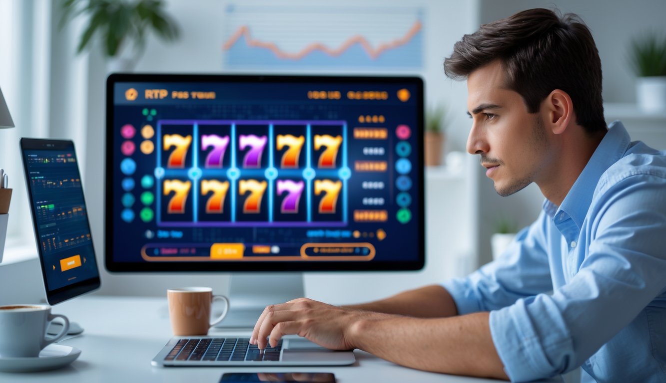 Seorang pria muda duduk di meja kerja sambil bermain slot online di laptop dengan layar kedua menampilkan grafik analisis.
