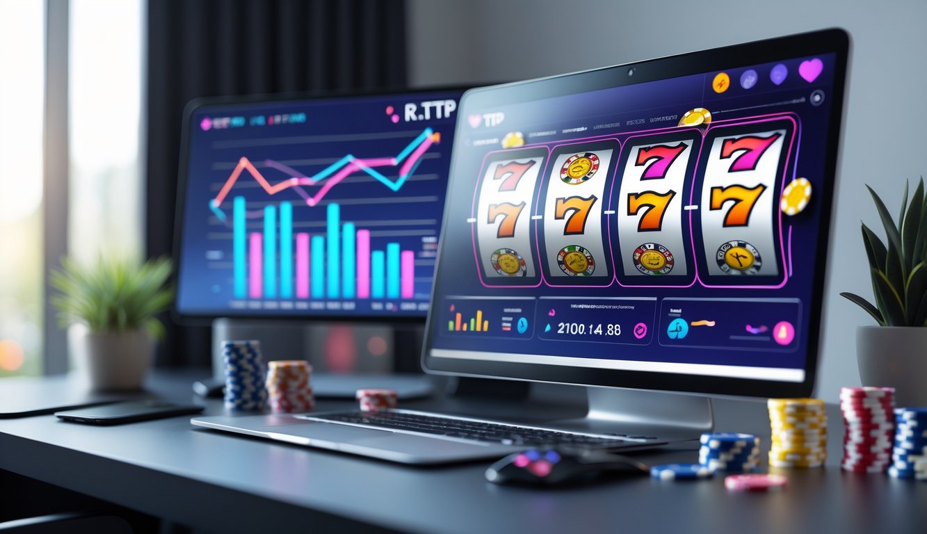 Sebuah ruang kerja modern dengan komputer yang menampilkan grafik mesin slot dan grafik analisis RTP.