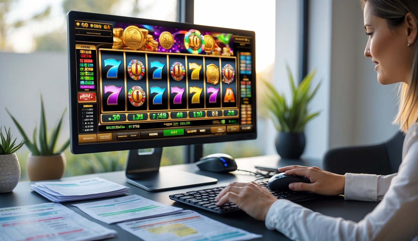 Meja kerja modern dengan komputer menampilkan permainan slot online, catatan strategi, dan tangan seseorang yang menggunakan mouse.