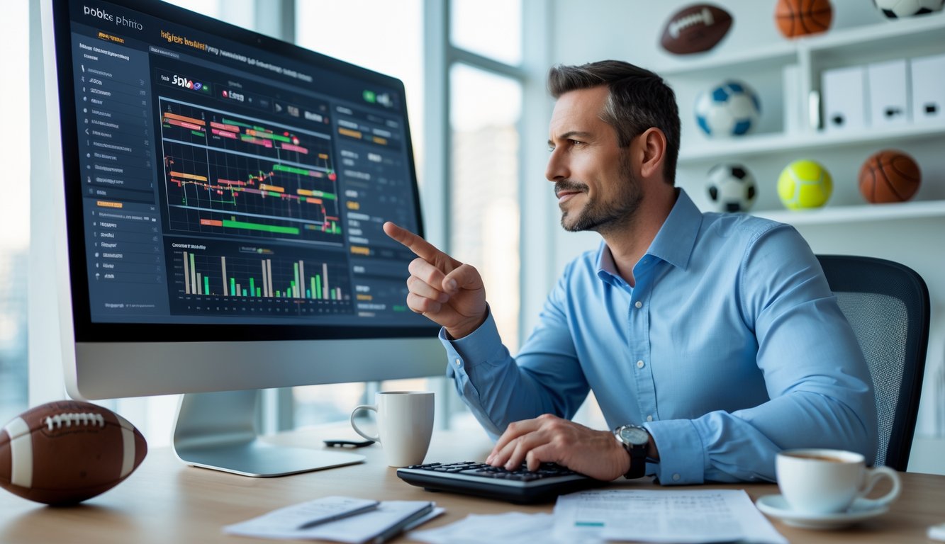 Seorang pria sedang menganalisis strategi taruhan olahraga dengan grafik dan catatan di depan komputer di sebuah kantor modern.