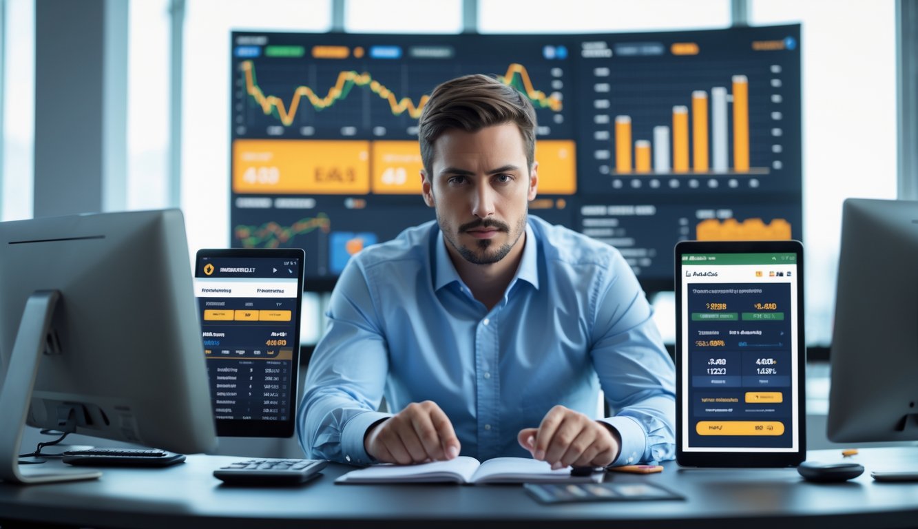 Seorang pria duduk di meja dengan perangkat digital yang menampilkan peluang taruhan olahraga dan grafik, sedang menganalisis data dengan serius di sebuah kantor modern.