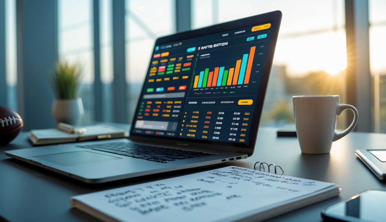Sebuah ruang kerja modern dengan laptop, ponsel, dan catatan yang menunjukkan aktivitas strategi taruhan olahraga dengan odds tinggi.