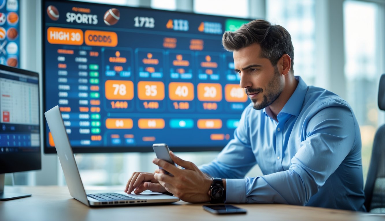 Seorang pria sedang menganalisis peluang taruhan olahraga di layar digital dengan berbagai statistik dan angka peluang tinggi.
