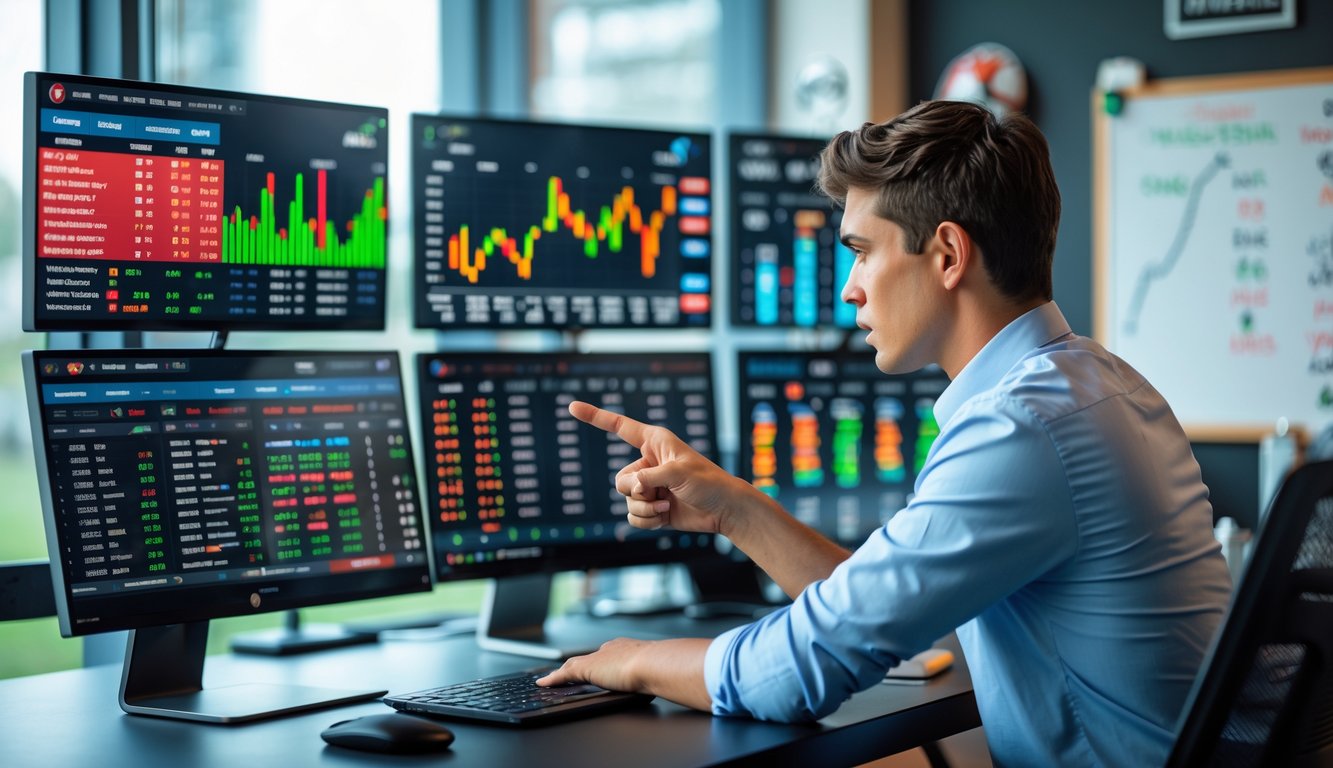 Seorang petaruh olahraga sedang menganalisis layar komputer dengan data dan statistik taruhan olahraga di sebuah kantor modern.