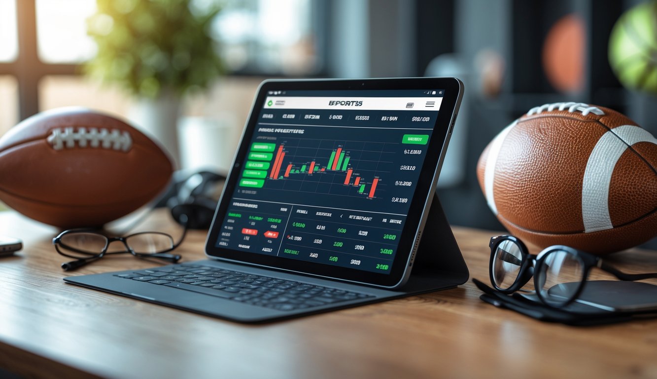 Sebuah tablet digital di atas meja kayu dengan bola sepak dan bola basket di sekitarnya, menunjukkan suasana taruhan olahraga.