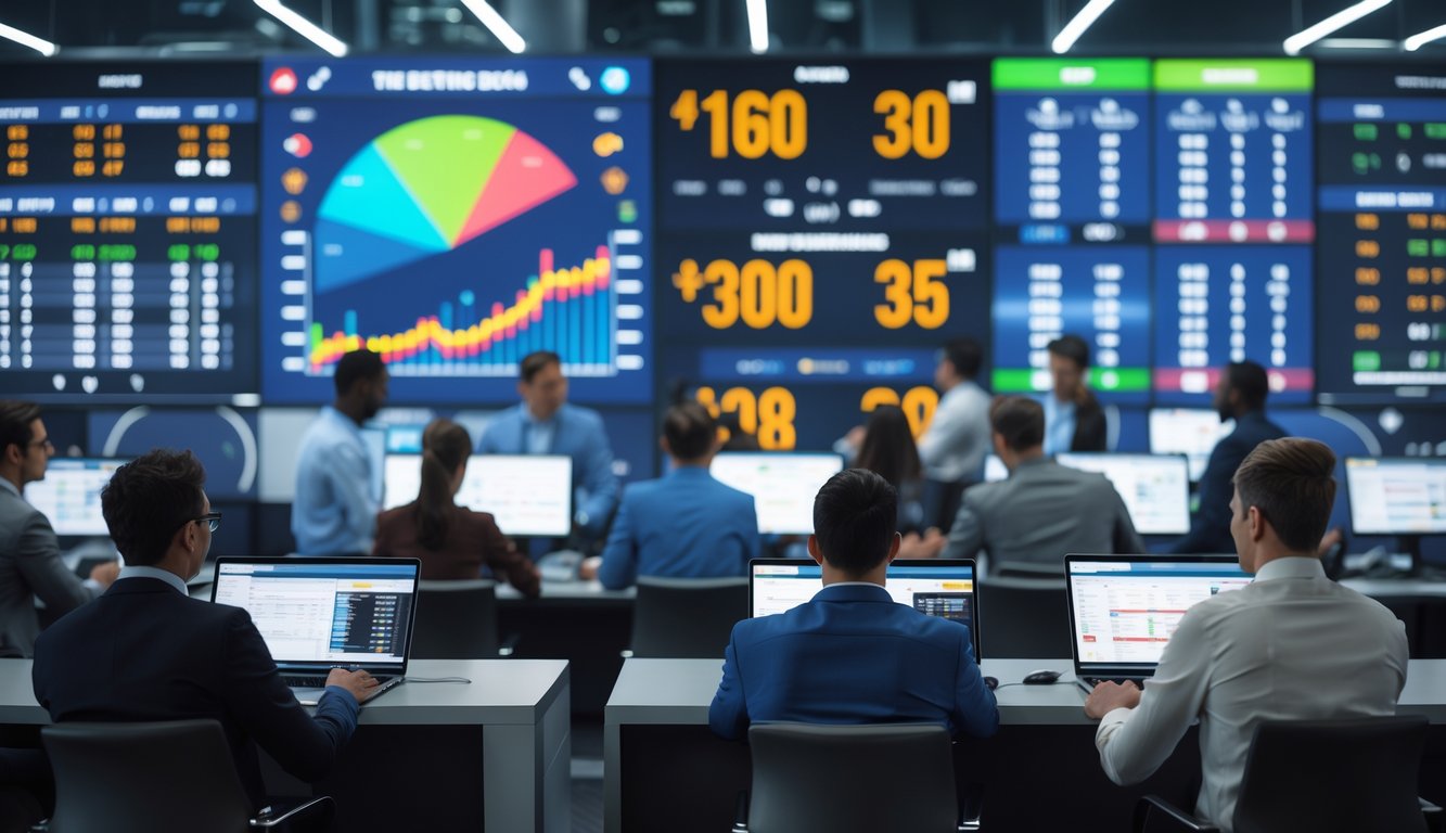 Beberapa orang sedang melihat layar besar yang menampilkan data dan statistik taruhan olahraga dengan fokus dan serius di sebuah ruangan modern.