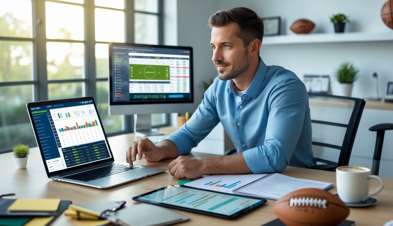 Seorang pria duduk di meja kerja dengan beberapa perangkat digital menampilkan data taruhan olahraga, tampak fokus menganalisis informasi.
