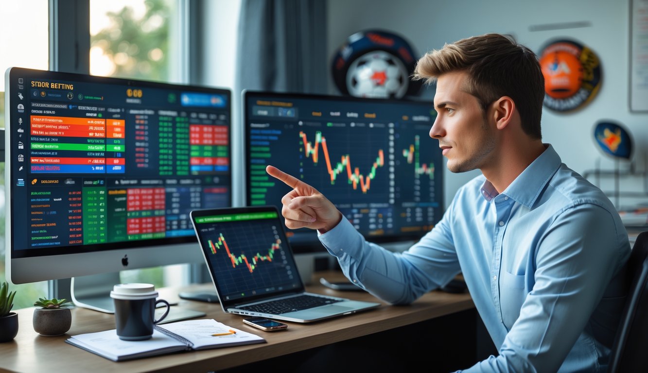 Seorang pria muda sedang menganalisis peluang taruhan olahraga di beberapa perangkat digital di ruang kerja rumah yang modern.