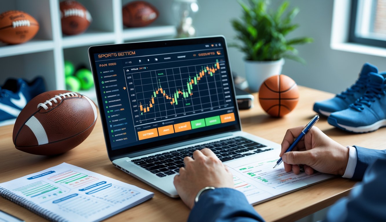 Sebuah meja kerja dengan laptop yang menampilkan statistik dan peluang taruhan olahraga, dikelilingi bola olahraga dan sepatu, dengan tangan seseorang mencatat strategi taruhan.