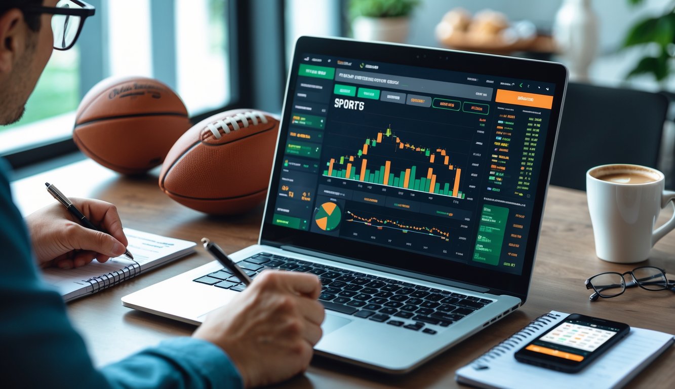 Meja kerja dengan laptop yang menampilkan peluang taruhan olahraga, bola olahraga, dan tangan seseorang yang sedang mencatat.