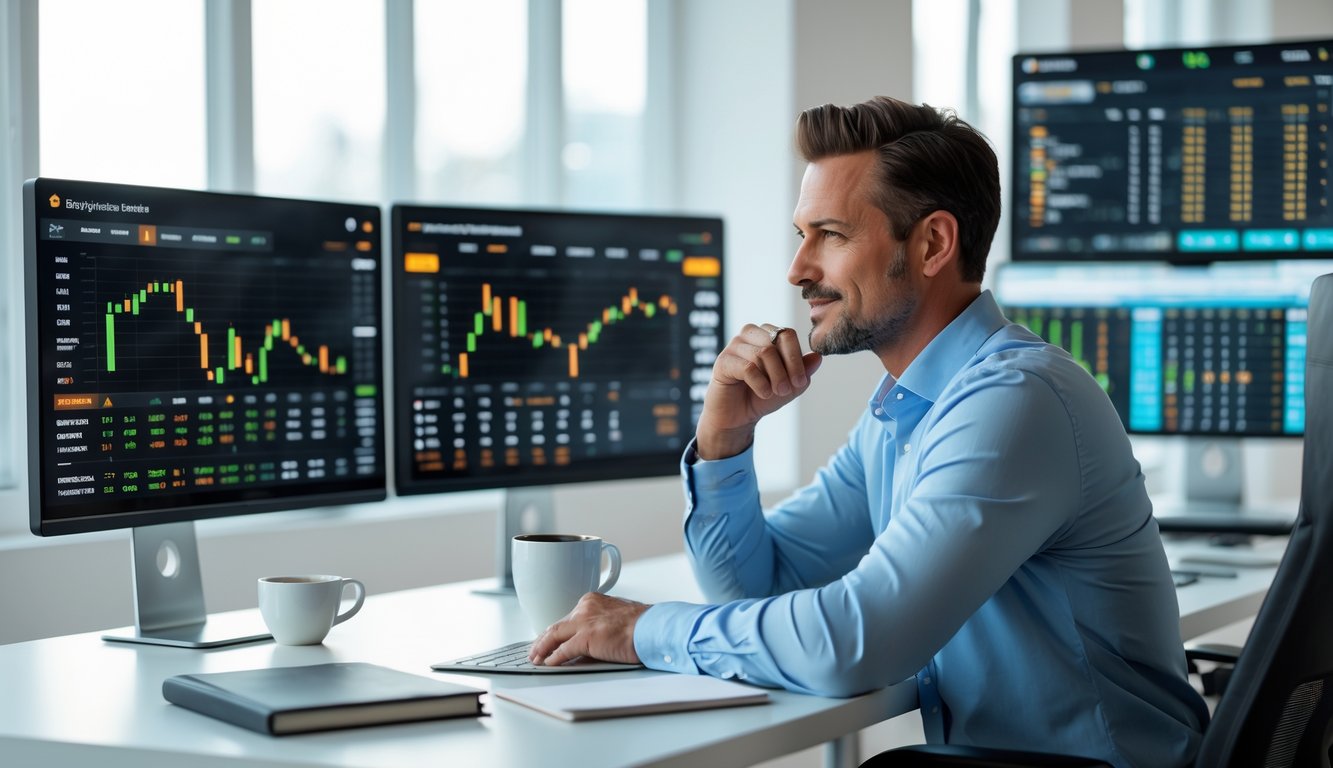 Seorang pria duduk di meja dengan beberapa layar komputer yang menampilkan data taruhan olahraga dan grafik, terlihat fokus menganalisis informasi.