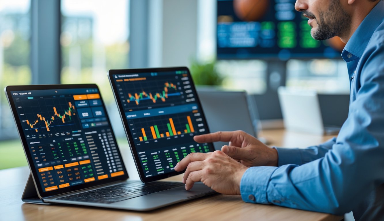 Seorang pria sedang menganalisis strategi taruhan olahraga dengan odds tinggi menggunakan tablet dan laptop di kantor modern.