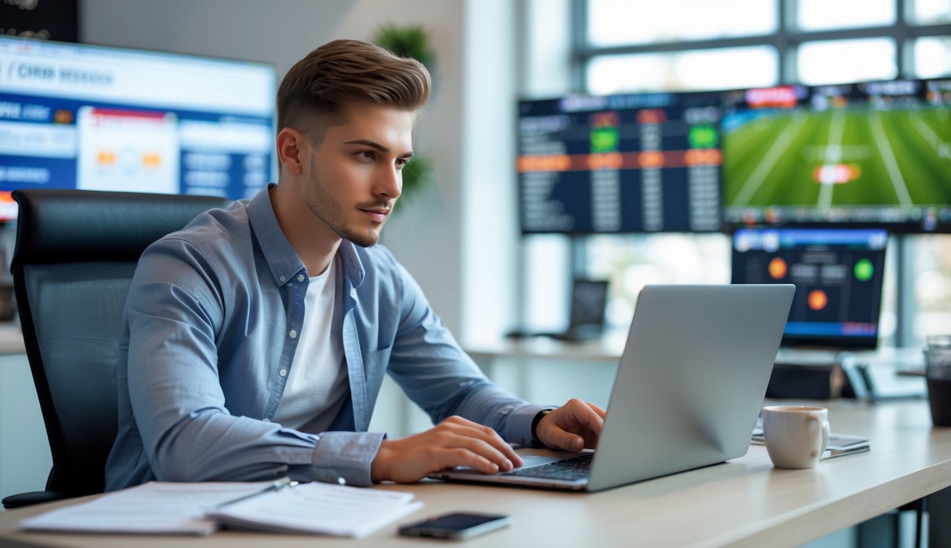 Seorang pria muda duduk di depan laptop dengan layar menampilkan data taruhan olahraga, di ruang kantor yang terang dan modern.