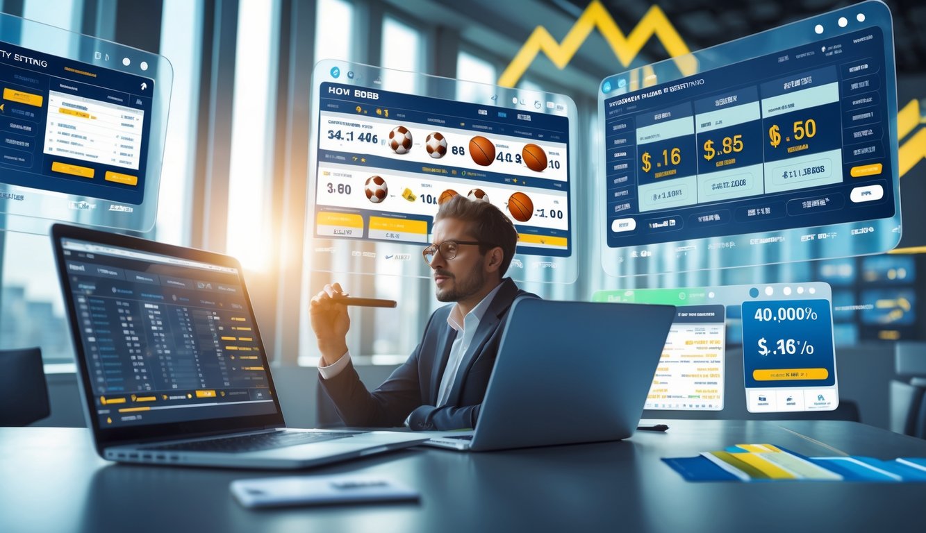 Seseorang sedang menganalisis data taruhan olahraga dengan layar digital dan grafik di meja kerja modern.