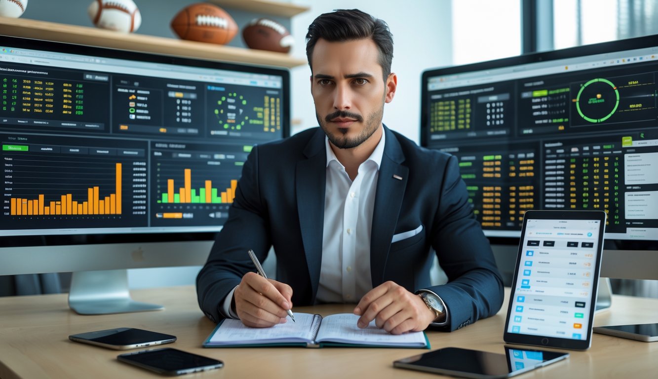 Seorang ahli taruhan olahraga sedang menganalisis data pada beberapa layar komputer di kantor modern.