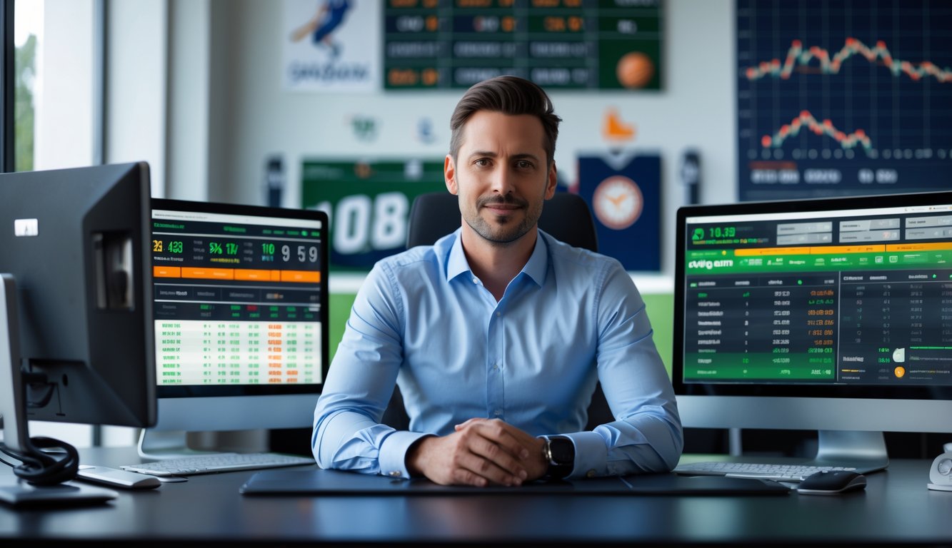 Seorang pria ahli taruhan olahraga duduk di meja dengan beberapa layar komputer yang menampilkan peluang taruhan dan statistik olahraga.