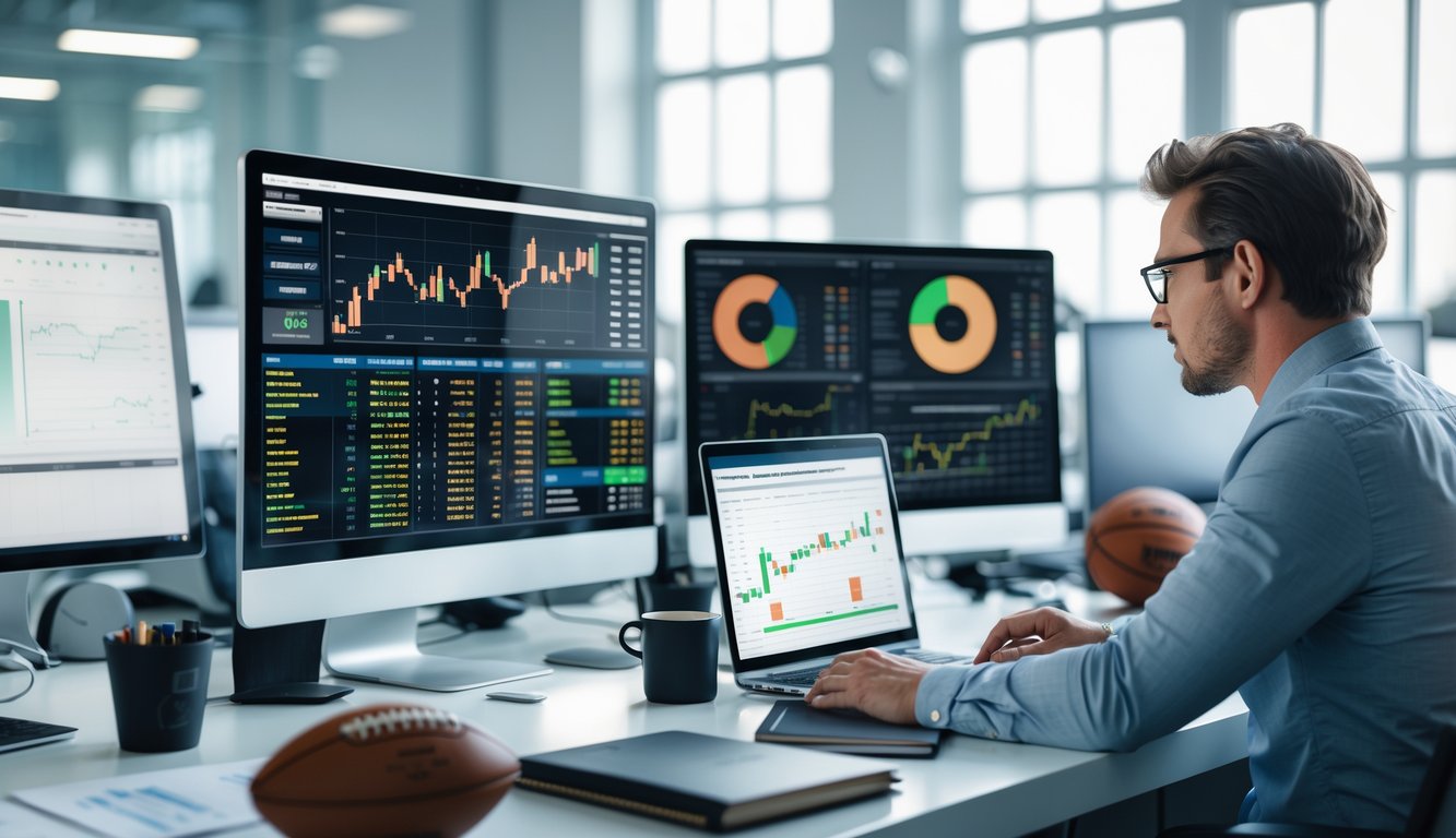 Seseorang sedang menganalisis data taruhan olahraga di meja kerja dengan beberapa layar komputer yang menampilkan statistik dan grafik.