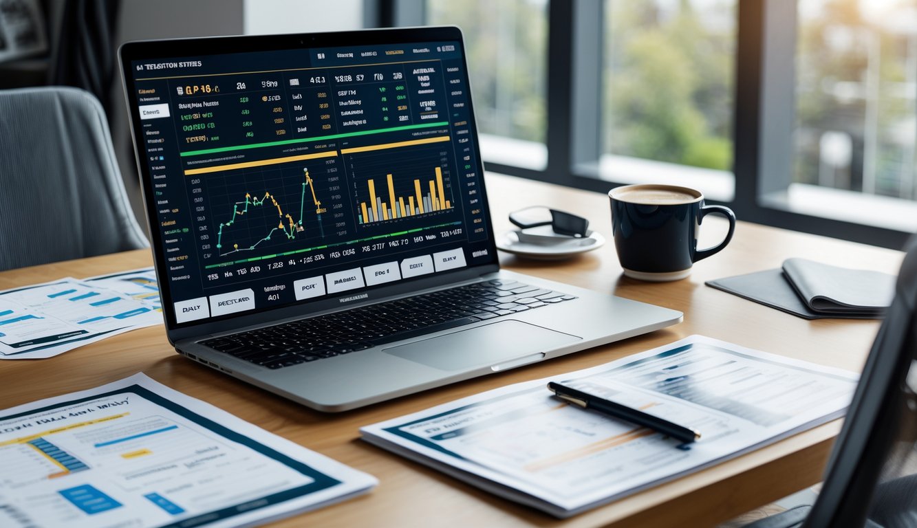 Meja kerja dengan laptop yang menampilkan statistik dan grafik taruhan olahraga, dilengkapi dengan kertas data, pena, dan secangkir kopi di dekat jendela yang terang.
