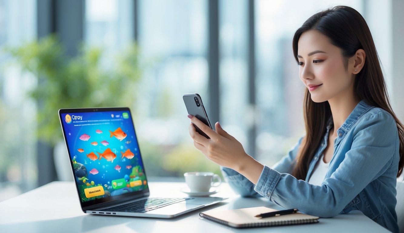 Seorang wanita muda menggunakan ponsel di depan laptop dengan permainan tembak ikan online di layar, duduk di meja dengan kopi dan buku catatan.