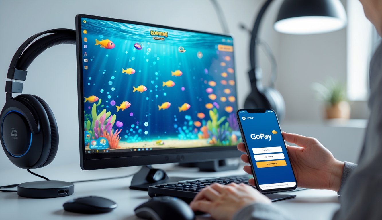 Sebuah meja kerja dengan komputer yang menampilkan permainan tembak ikan dan ponsel yang menunjukkan aplikasi pembayaran digital.