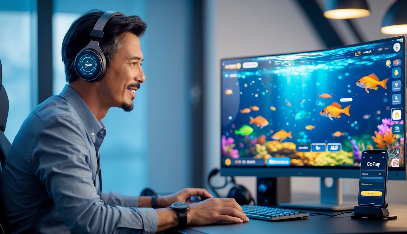 Seorang pria duduk di meja sambil bermain game tembak ikan di komputer dengan ponsel yang menampilkan aplikasi pembayaran digital Gopay di sampingnya.