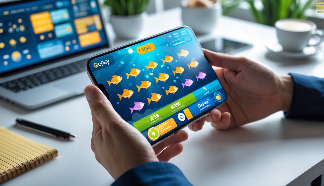 Seseorang memegang ponsel yang menampilkan permainan tembak ikan dengan layar warna-warni dan aplikasi Gopay yang menunjukkan transaksi deposit berhasil di meja kerja yang rapi.