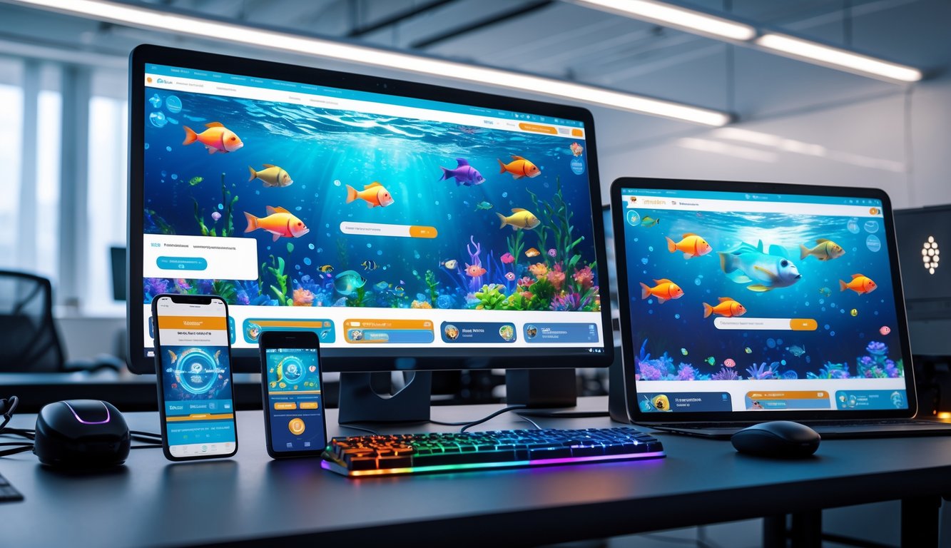 Sebuah meja kerja dengan komputer, smartphone, dan tablet yang menampilkan permainan tembak ikan dengan latar belakang kantor modern.