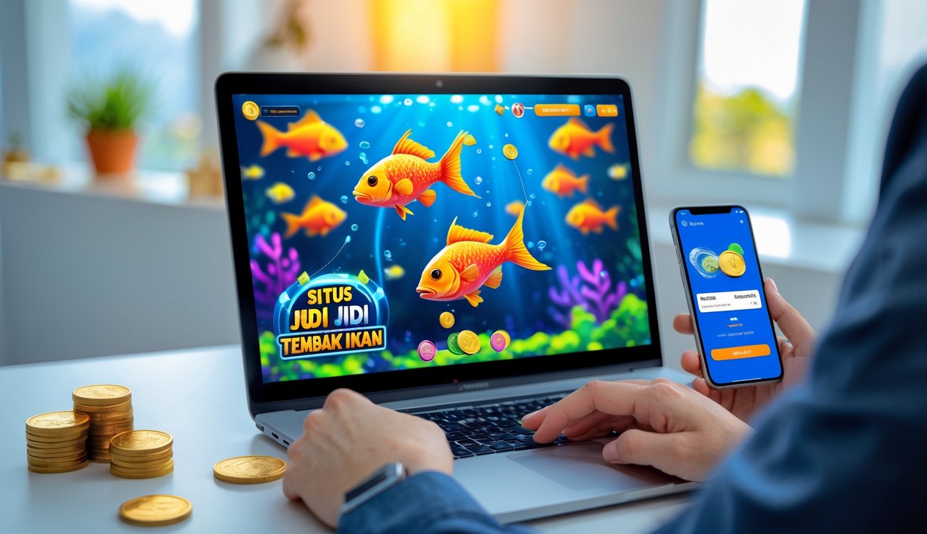 Seseorang menggunakan komputer dan ponsel untuk bermain game tembak ikan dengan aplikasi dompet digital Gopay di layar.