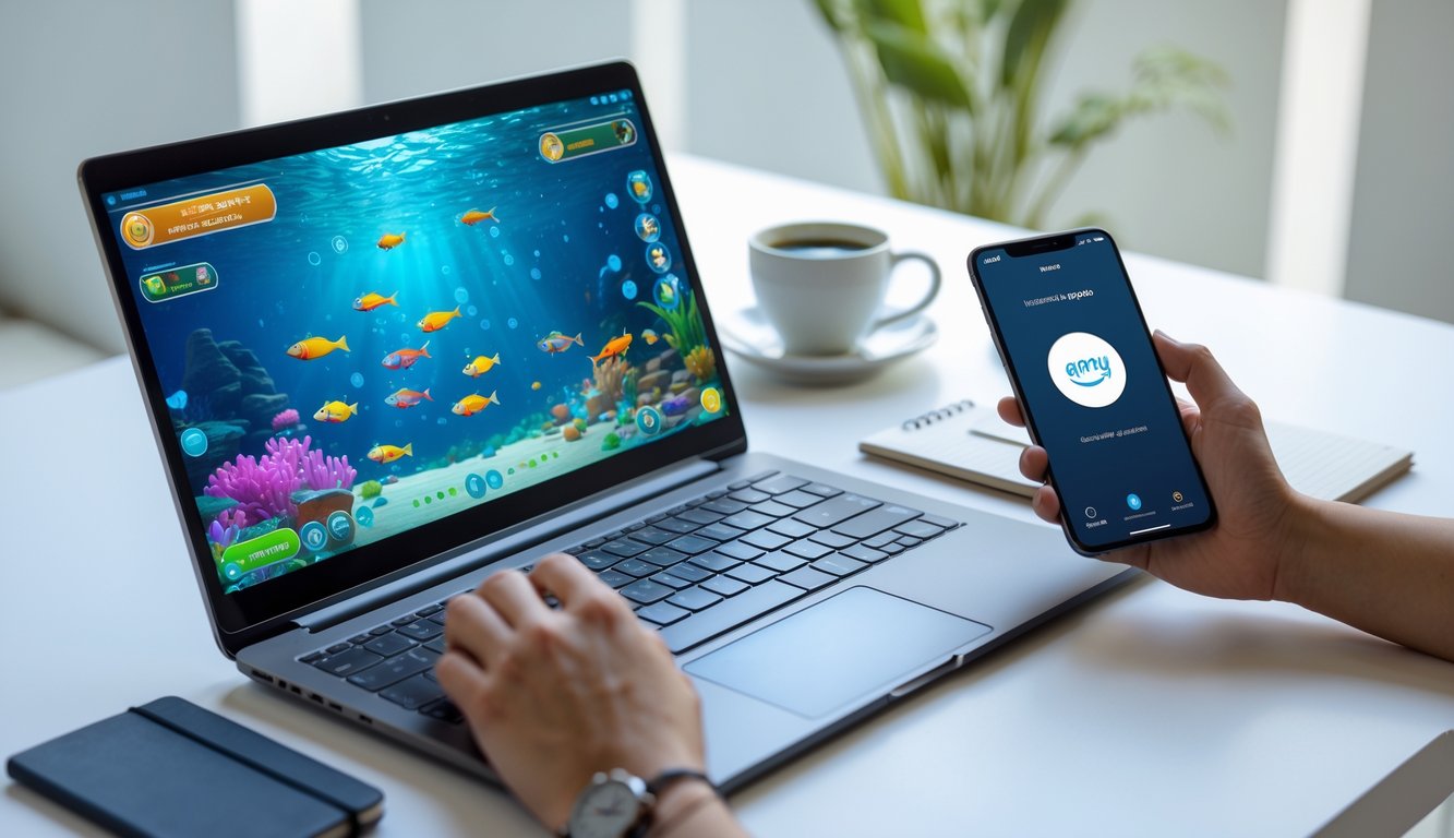 Seseorang menggunakan komputer dan smartphone untuk bermain game tembak ikan online dengan pembayaran melalui Gopay.
