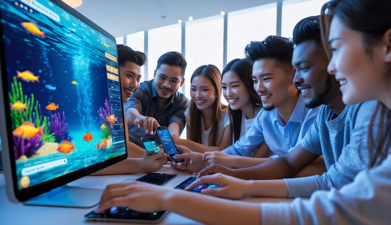 Beberapa orang muda sedang bermain game judi tembak ikan online menggunakan perangkat digital dengan latar belakang tema bawah laut.