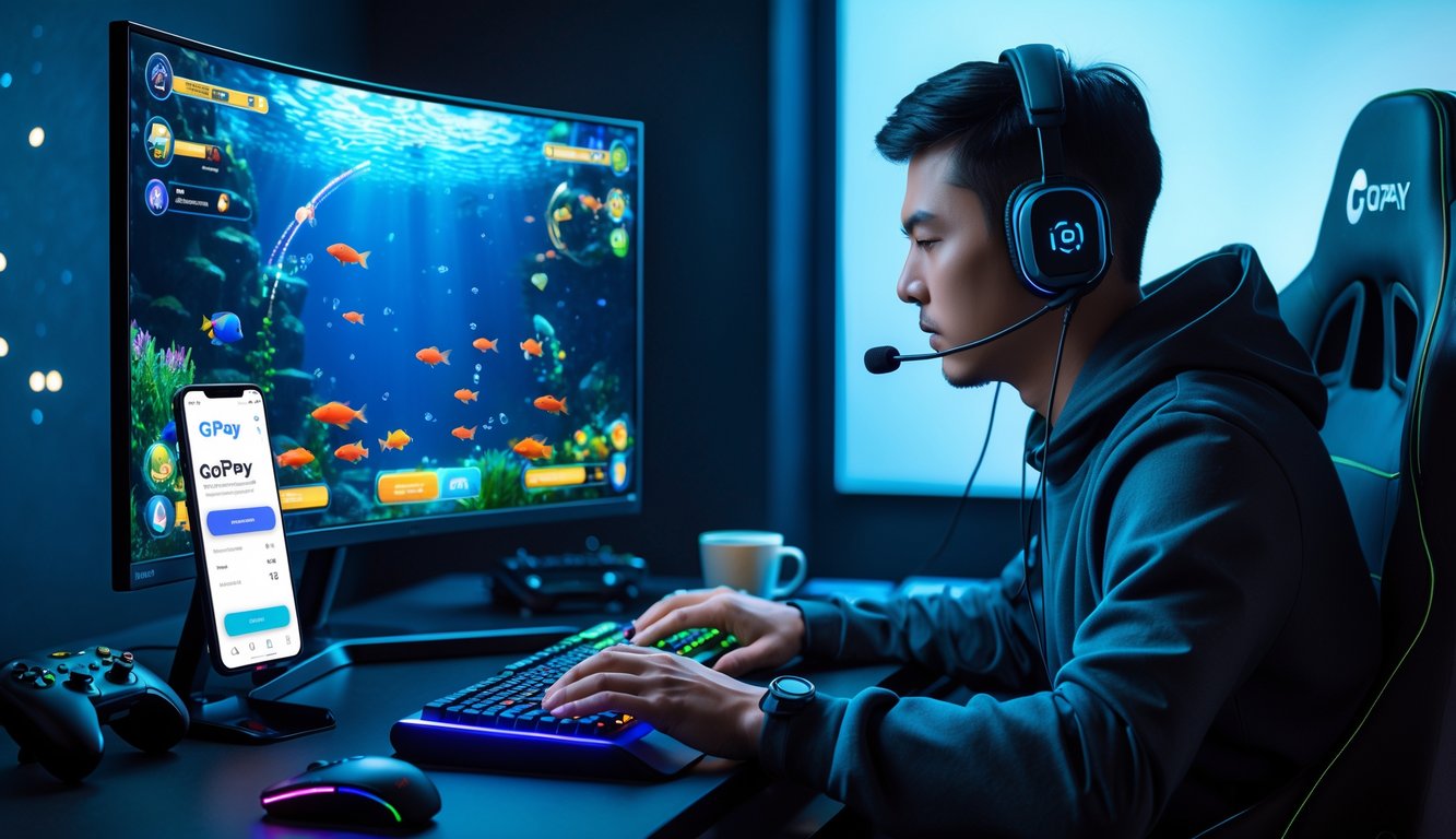 Seorang pria dewasa sedang fokus bermain permainan tembak ikan di depan komputer dengan layar besar, di meja terdapat ponsel yang menampilkan aplikasi pembayaran digital.