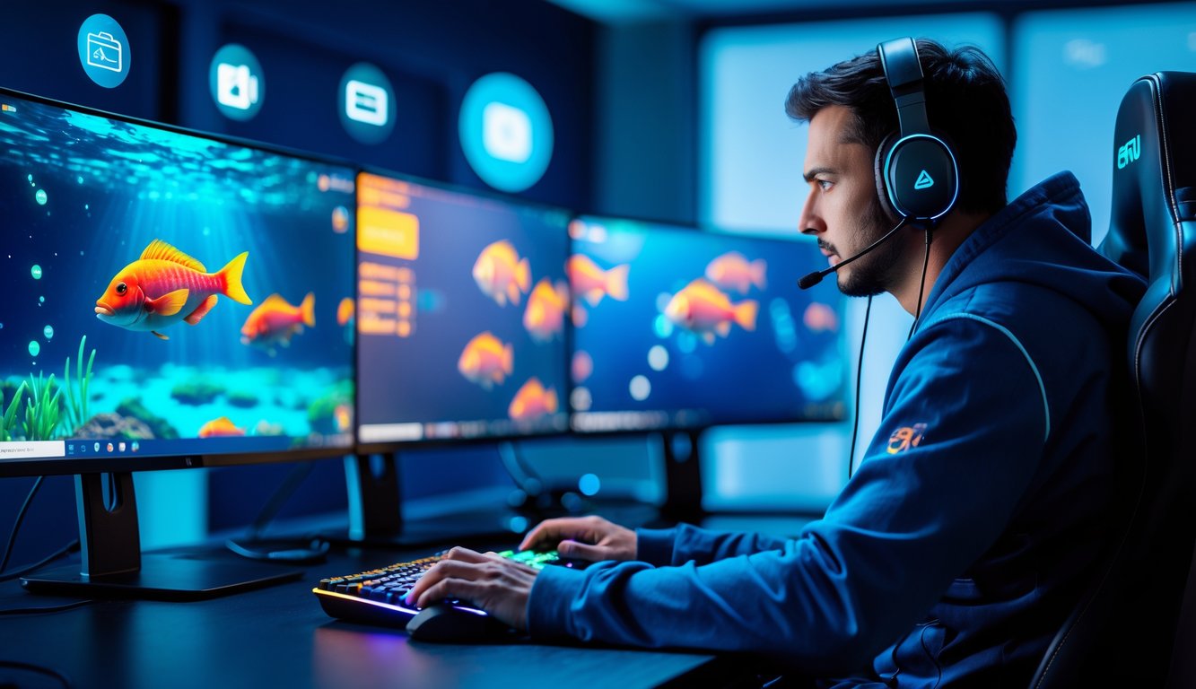 Seorang pria dewasa fokus bermain game tembak ikan di depan beberapa monitor komputer dalam ruangan gaming yang modern dengan pencahayaan biru.