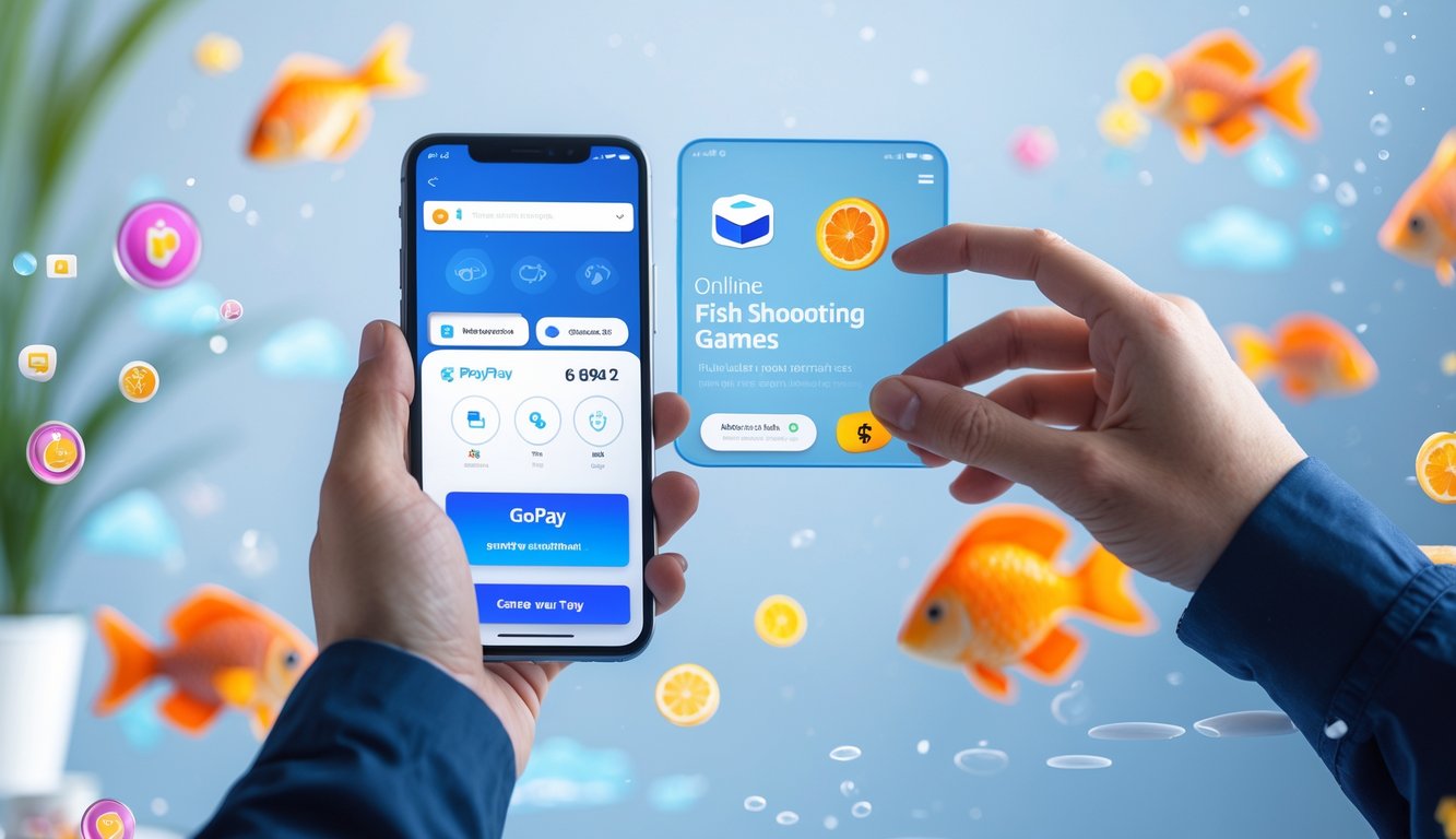 Seseorang menggunakan ponsel untuk melakukan transaksi pembayaran cepat dan aman pada permainan tembak ikan online.