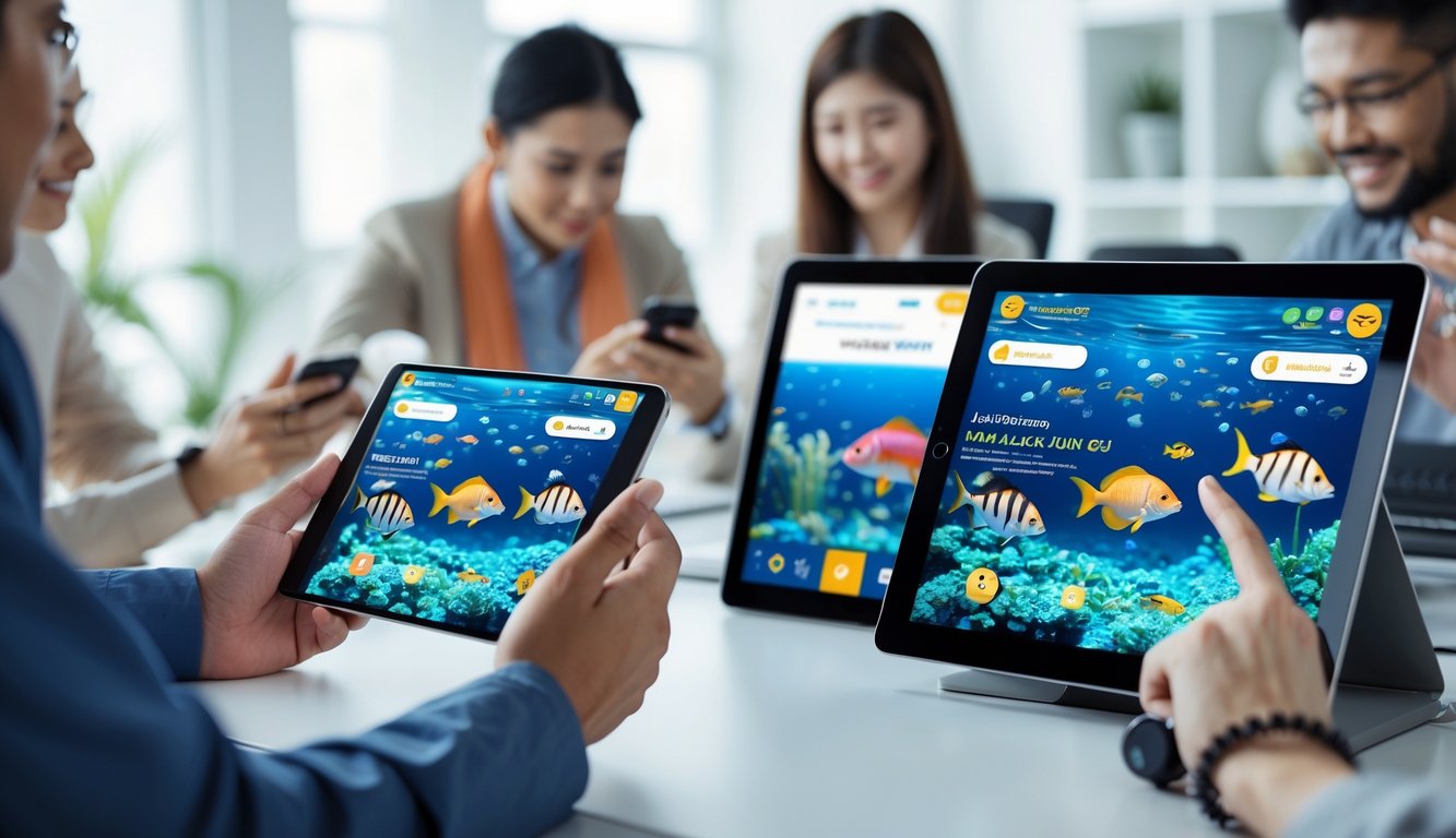 Orang-orang menggunakan perangkat digital untuk bermain permainan tembak ikan online dengan suasana yang aman dan nyaman.