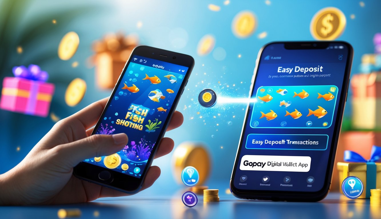 Seseorang memegang ponsel yang menampilkan permainan tembak ikan online dengan ikon pembayaran digital Gopay dan simbol bonus di latar belakang.