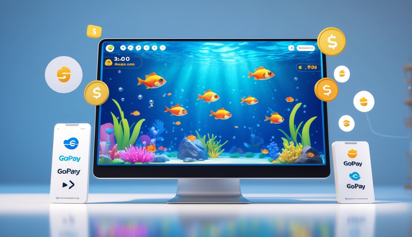 Layar perangkat menampilkan permainan tembak ikan dengan latar bawah laut berwarna cerah dan ikon pembayaran digital di sekitarnya.
