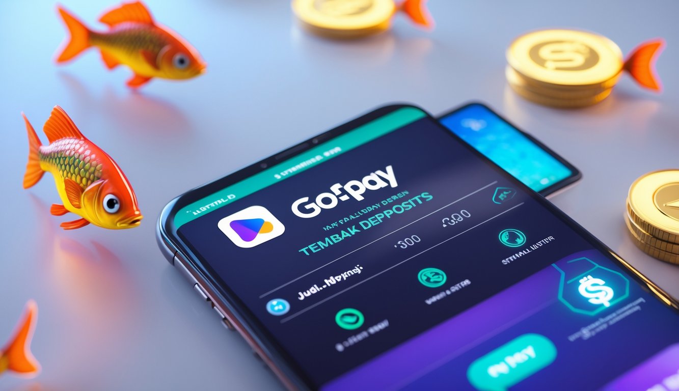 Seseorang menggunakan ponsel untuk melakukan deposit cepat dengan Gopay, dengan ikon ikan warna-warni dan koin digital di sekitar layar yang menunjukkan tema judi tembak ikan dan jackpot.