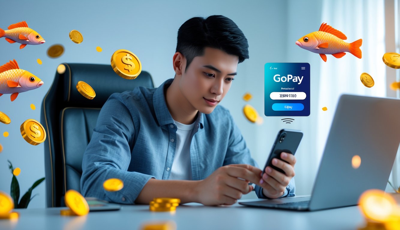 Seorang pria muda menggunakan ponsel untuk melakukan deposit Gopay dengan latar belakang elemen permainan tembak ikan dan koin berwarna-warni.