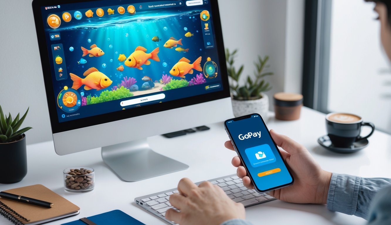 Seseorang sedang bermain game tembak ikan online di komputer dengan ponsel menampilkan aplikasi Gopay di meja kerja.