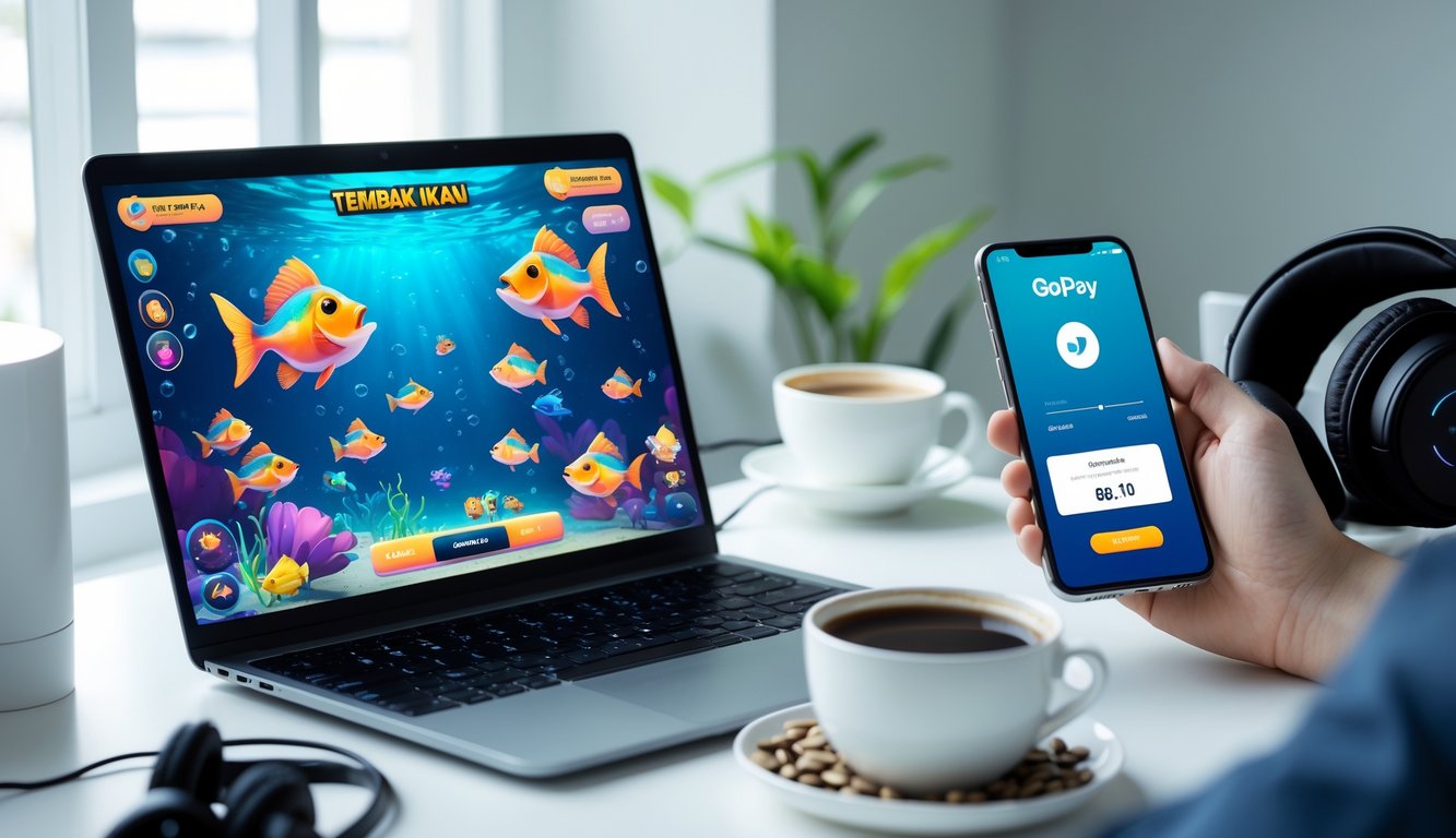 Seorang pengguna di depan komputer dengan layar menampilkan permainan tembak ikan dan ponsel yang menunjukkan aplikasi Gopay untuk pembayaran digital.