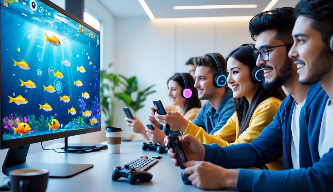 Beberapa orang muda sedang bermain permainan tembak ikan secara online dengan perangkat elektronik di ruangan yang terang.