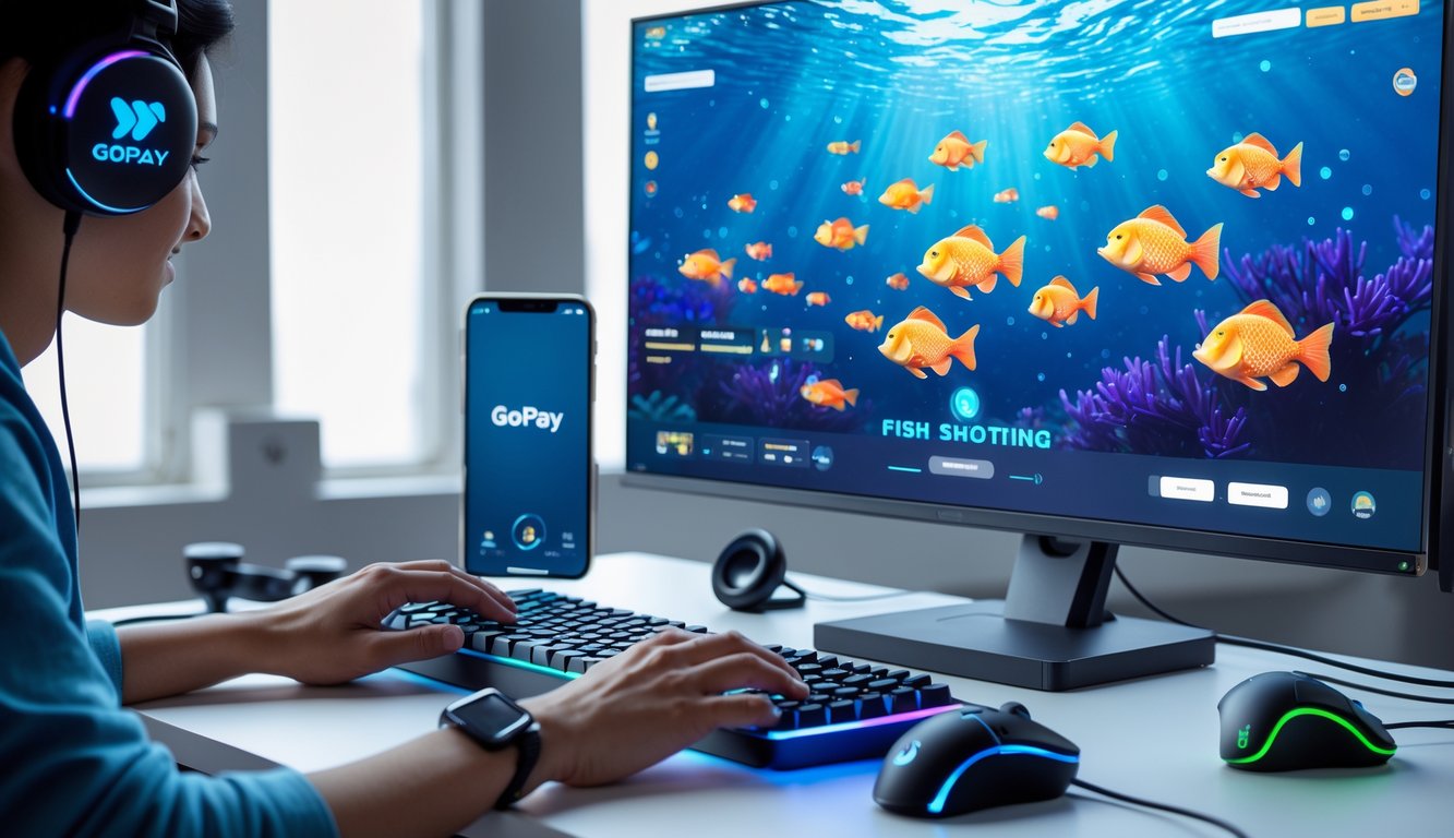 Seseorang bermain permainan judi tembak ikan online di komputer dengan layar menunjukkan grafis ikan berwarna-warni, di sampingnya terdapat ponsel yang menampilkan aplikasi dompet digital Gopay.