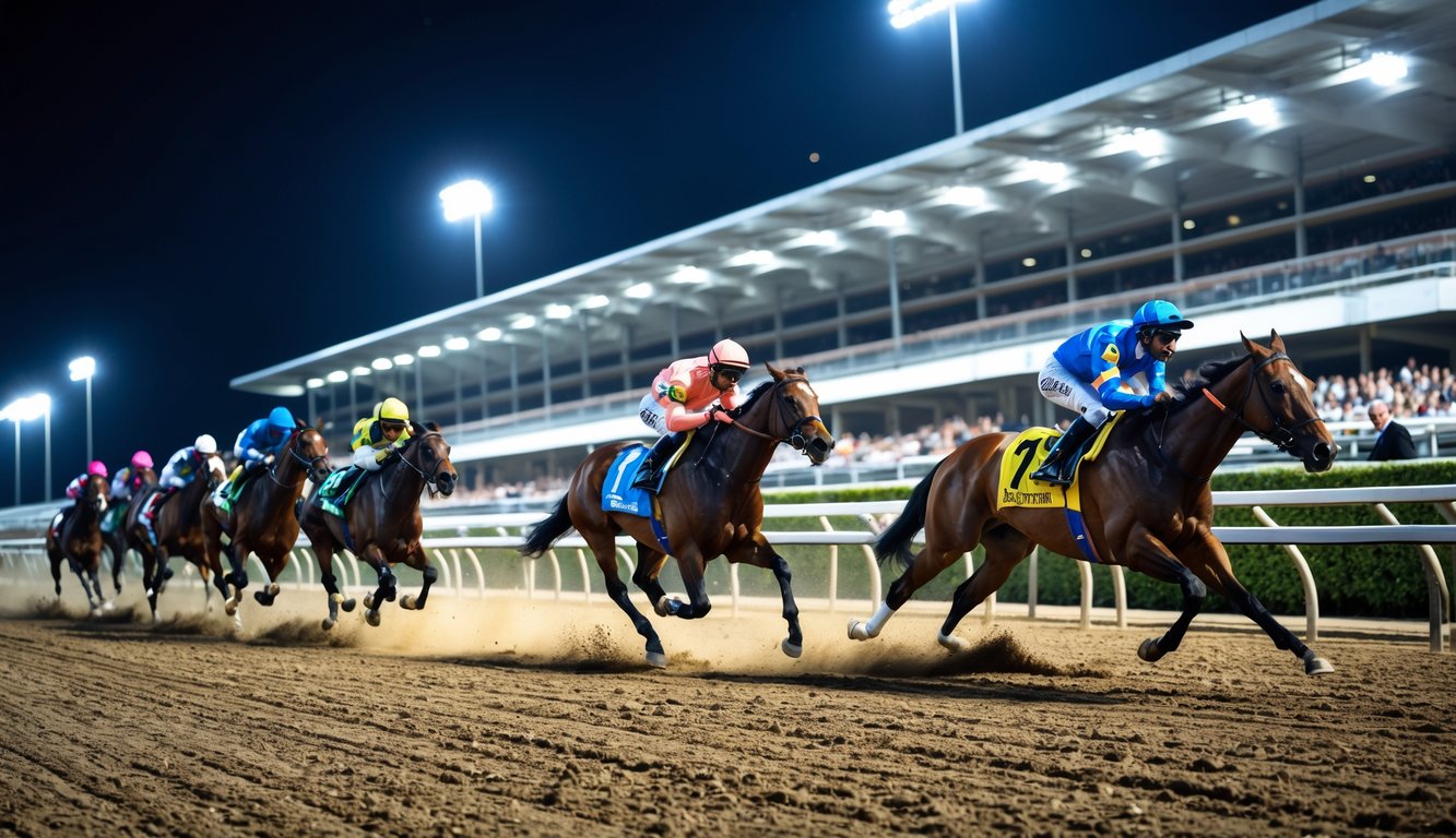 Balapan kuda malam hari di lintasan dengan kuda dan joki yang sedang berlari cepat, di depan tribun penonton yang ramai.