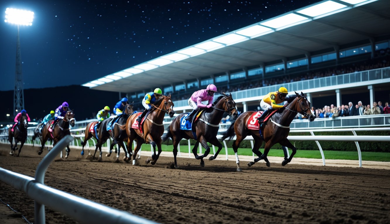 Beberapa kuda pacuan sedang berlari di lintasan malam hari dengan penonton di tribun stadion.